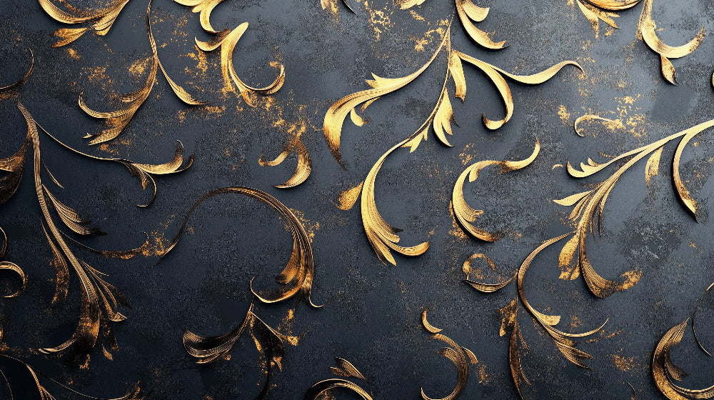 Art Deco baroque design file showing intricate gold swirl pattern on black background