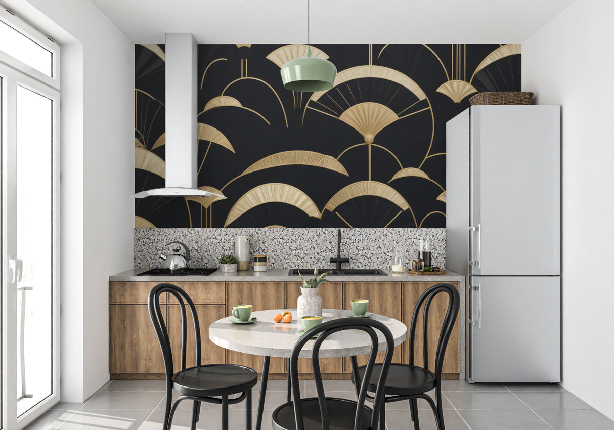 Luxury art deco wallpaper in hotel lobby showcasing golden geometric design