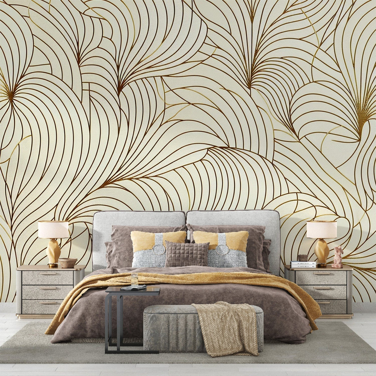 Art deco feather wallpaper in gold and beige creates a stunning backdrop in an elegant dining room with modern furniture