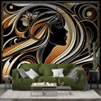 Luxurious Art Deco wallpaper with golden flows creating drama in a modern living room with tall windows and designer furniture