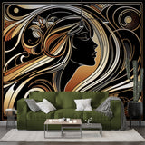 Luxurious Art Deco wallpaper with golden flows creating drama in a modern living room with tall windows and designer furniture