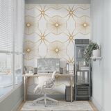 Art deco wallpaper bringing luxury feel to master bedroom with white and gold decor