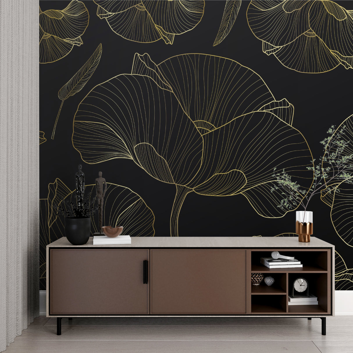 Luxury Art Deco Ginkgo wallpaper in modern dining room with gold accents and black furniture