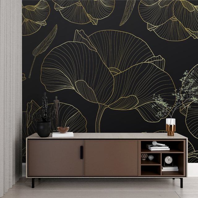Luxury Art Deco Ginkgo wallpaper in modern dining room with gold accents and black furniture