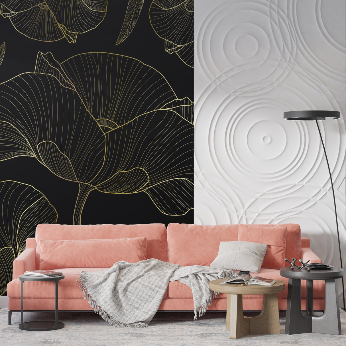 Black and gold Ginkgo leaf wallpaper in master bedroom creating elegant atmosphere