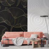 Black and gold Ginkgo leaf wallpaper in master bedroom creating elegant atmosphere