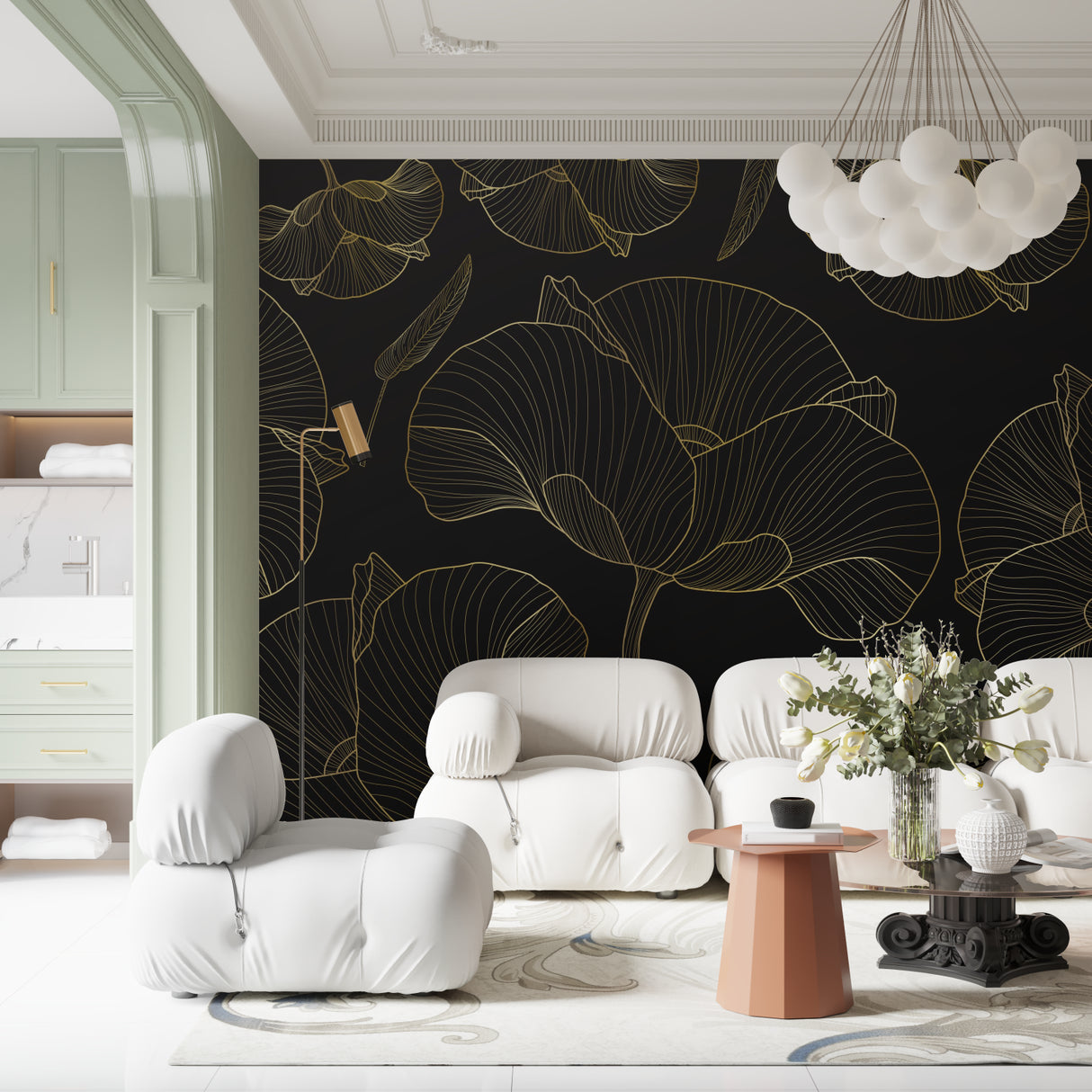 Art Deco wall mural with golden Ginkgo leaves in sophisticated home office setting