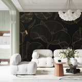 Art Deco wall mural with golden Ginkgo leaves in sophisticated home office setting