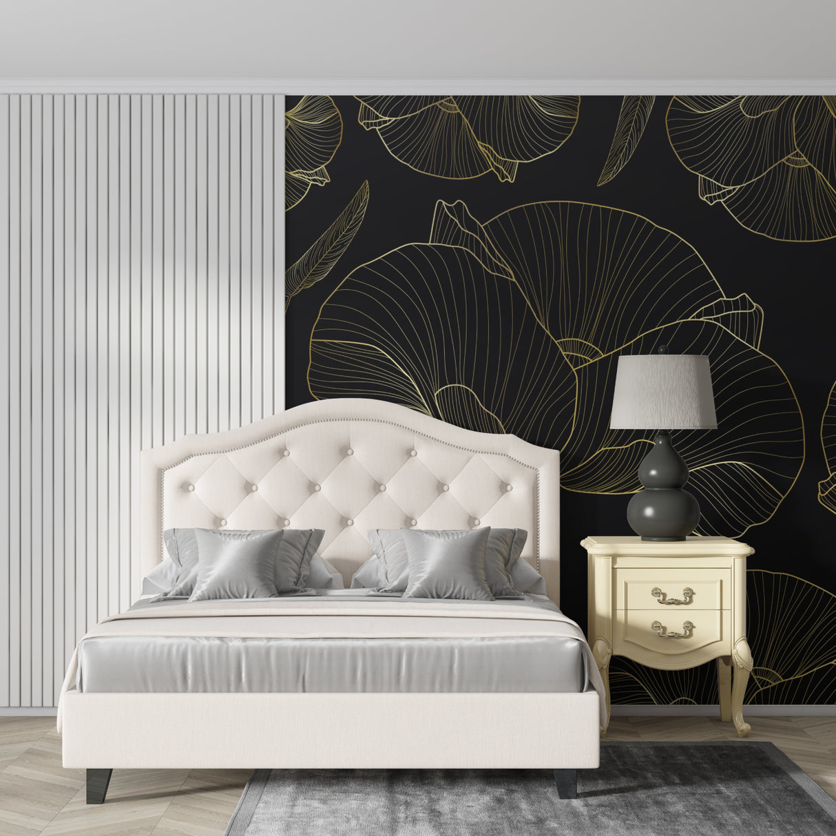 Botanical wallpaper with gold Ginkgo pattern in luxury hotel-style entryway