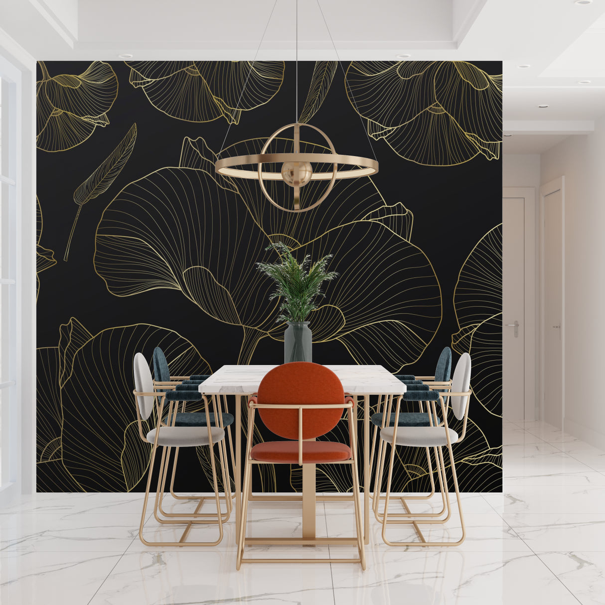 Black and gold Art Deco wallpaper creating statement wall in living room