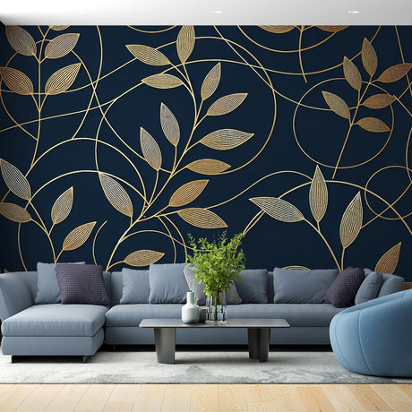 Navy and gold Art Deco wallpaper bringing elegance to a modern living room with soft lighting highlighting the metallic details