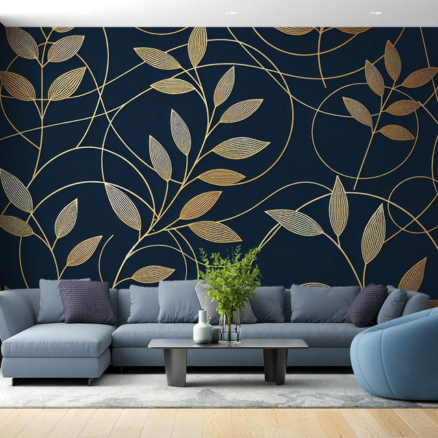 Navy and gold Art Deco wallpaper bringing elegance to a modern living room with soft lighting highlighting the metallic details