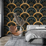 Art deco wallpaper with golden scales in modern dining room with crystal chandelier