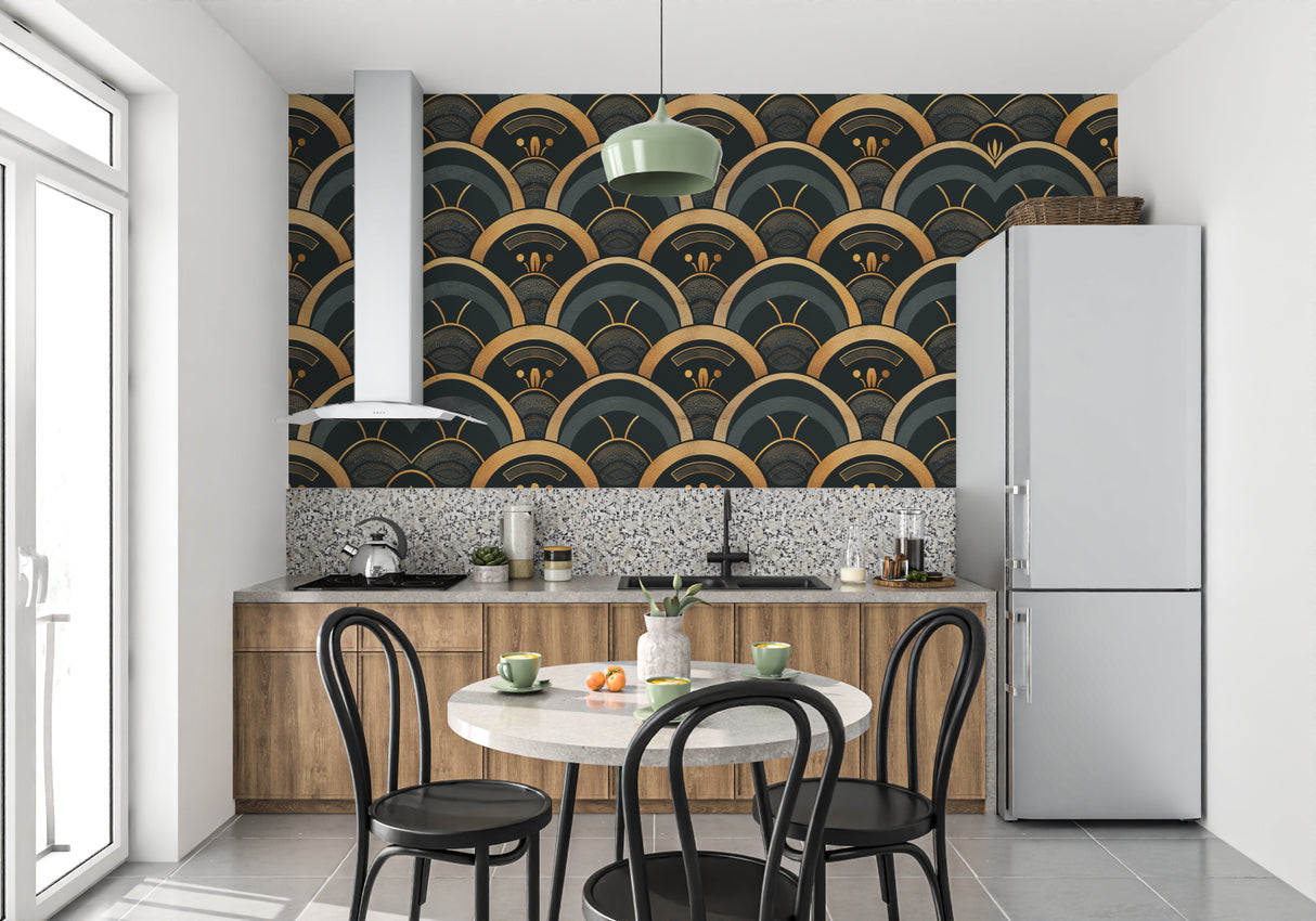 Green and gold art deco wallpaper in luxury master bedroom setting