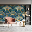 Art deco shell wallpaper in modern living room, golden pattern catching afternoon light