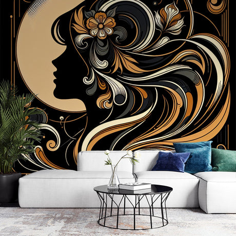 Art Deco black and gold wallpaper creating drama in a modern dining room with crystal chandelier