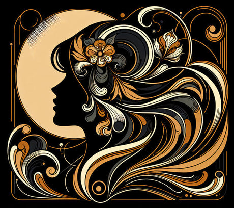 Art Deco golden silhouette design file with floral swirls on black background