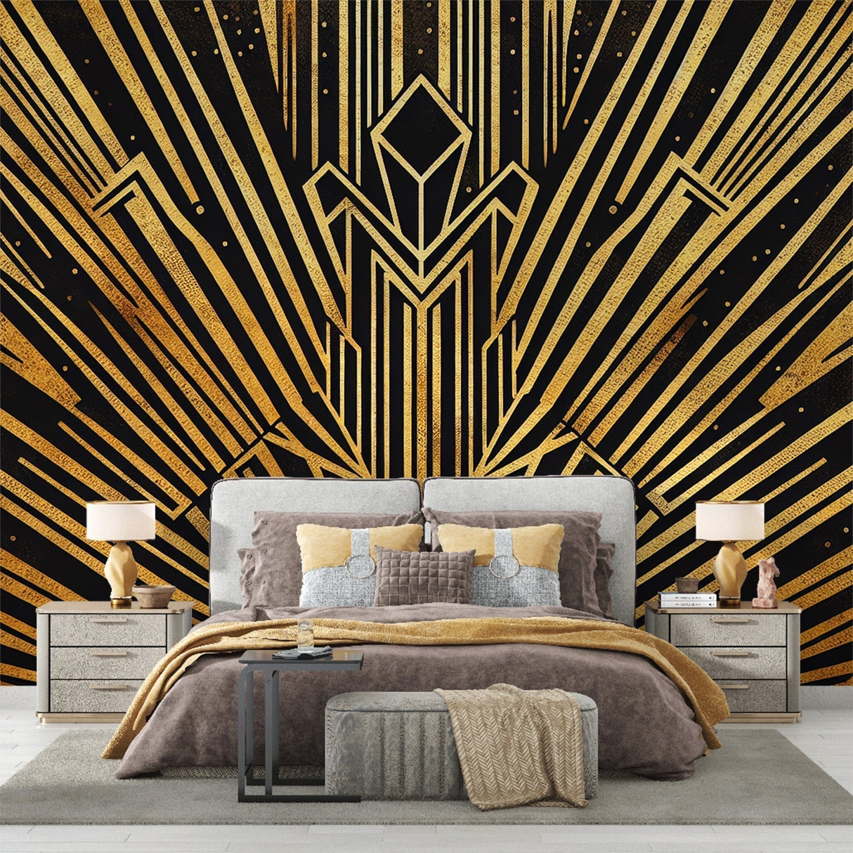 Art deco sunburst wallpaper creating dramatic impact in modern living room with gold accents catching light