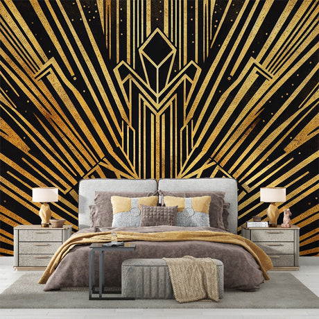 Art deco sunburst wallpaper creating dramatic impact in modern living room with gold accents catching light