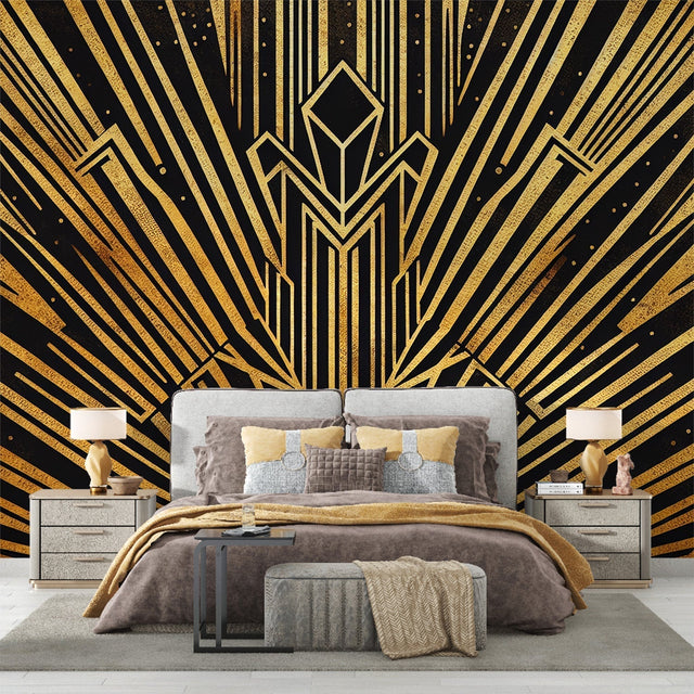 Art deco sunburst wallpaper creating dramatic impact in modern living room with gold accents catching light