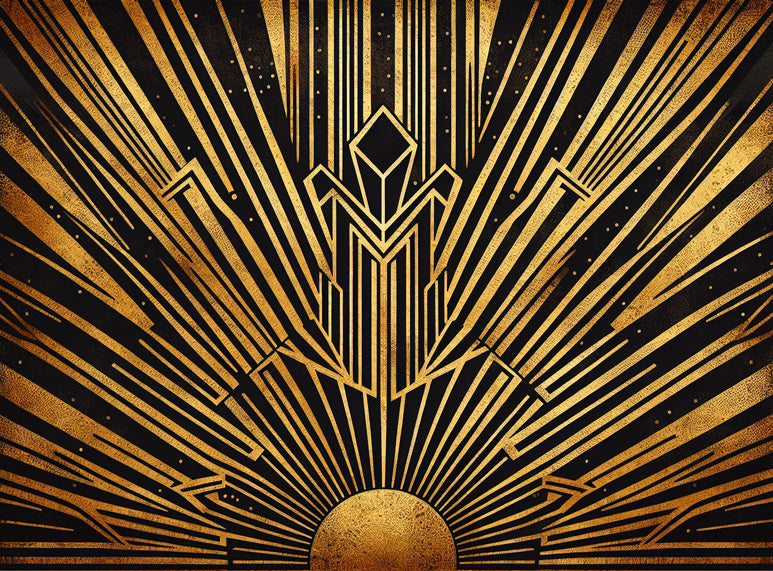 Art deco geometric sunburst pattern design file showing intricate gold details on black background