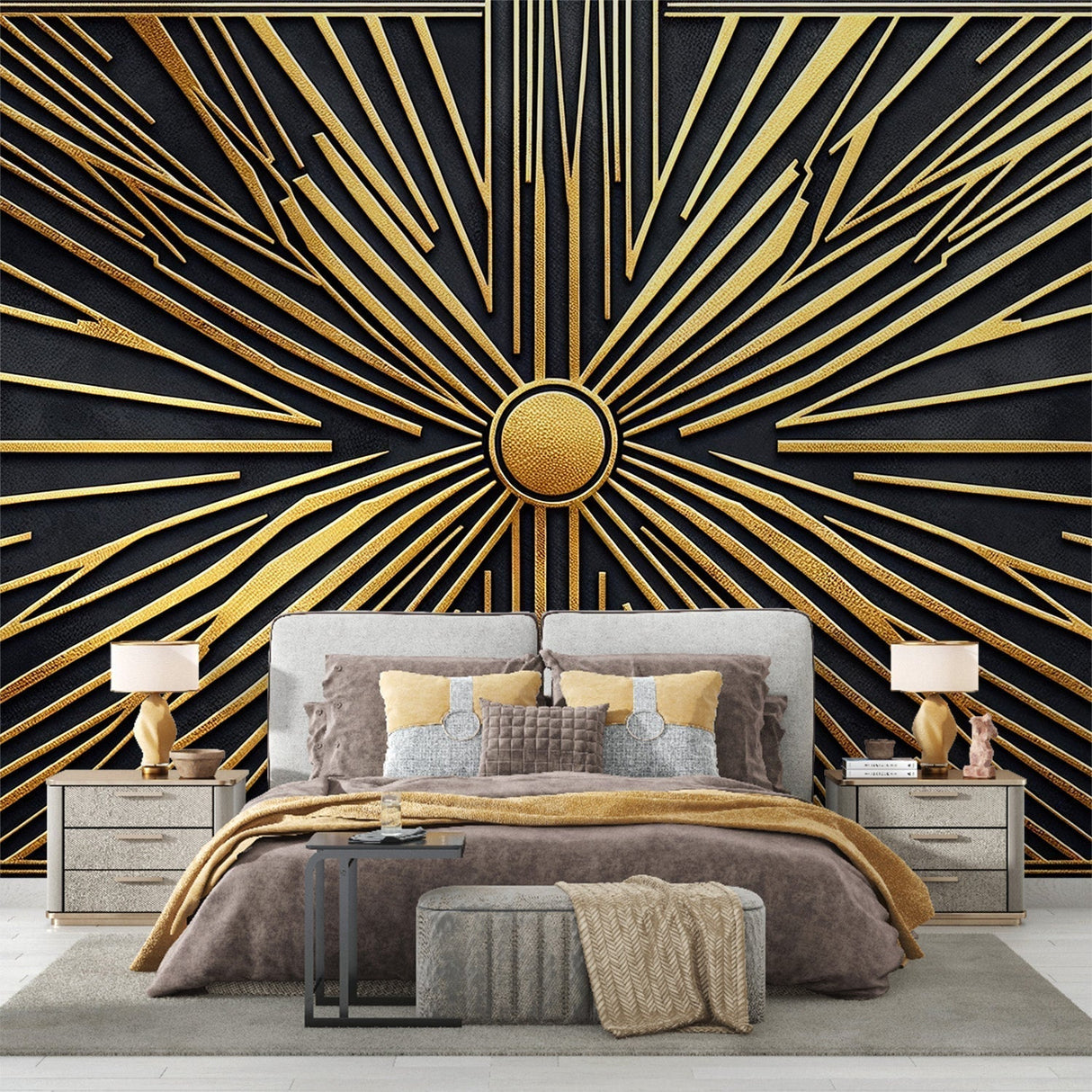 Art Deco sunburst wallpaper creating dramatic impact in a modern living room with high ceilings and pendant lighting