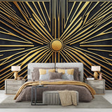 Art Deco sunburst wallpaper creating dramatic impact in a modern living room with high ceilings and pendant lighting