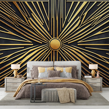 Art Deco sunburst wallpaper creating dramatic impact in a modern living room with high ceilings and pendant lighting