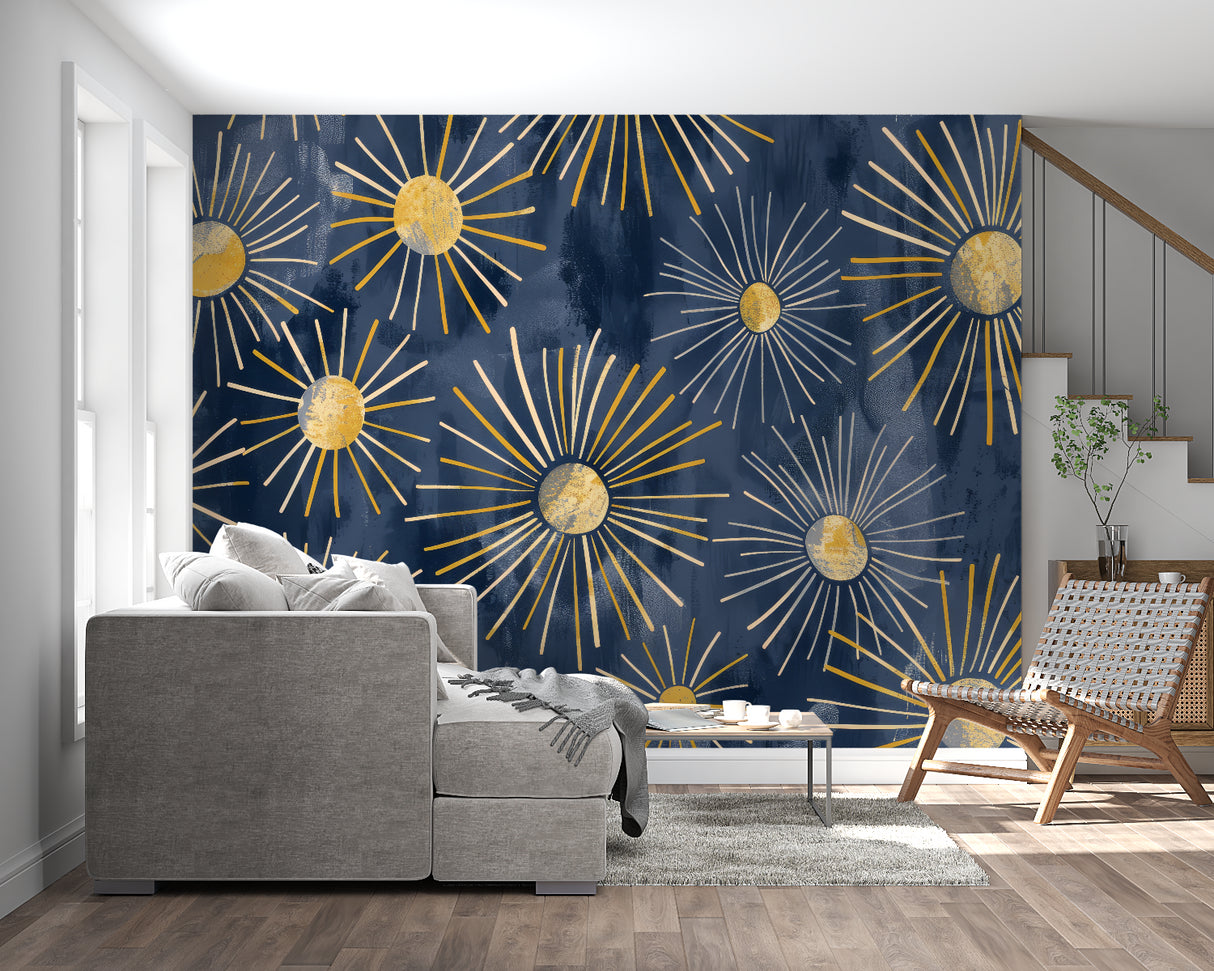 Art deco pattern transforming home office with navy and gold details