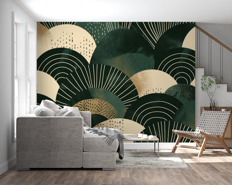 Art deco green and gold geometric wallpaper in modern dining room with pendant lights