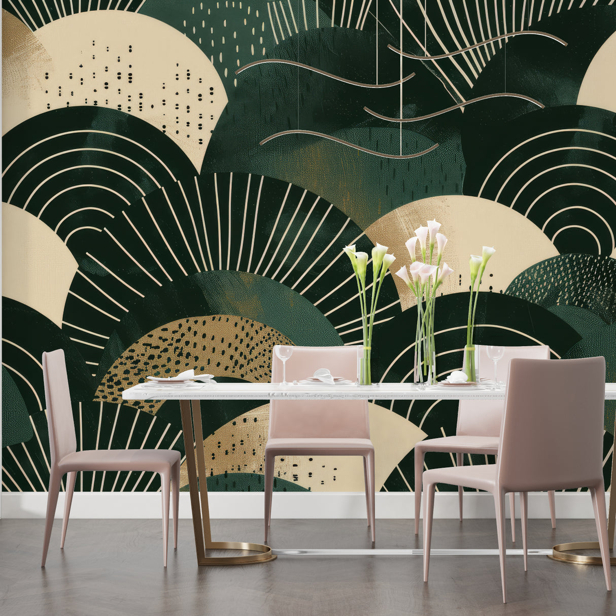 Geometric fan pattern wallpaper creating depth in home office setup