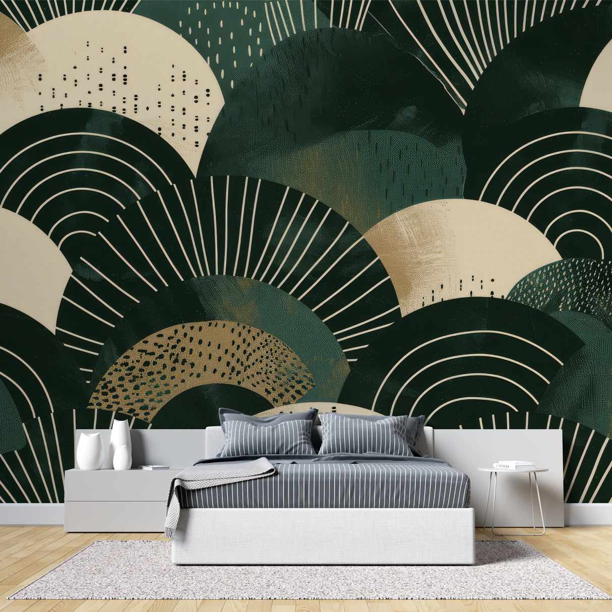 Green and gold geometric pattern enhancing boutique fitting room