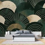 Green and gold geometric pattern enhancing boutique fitting room