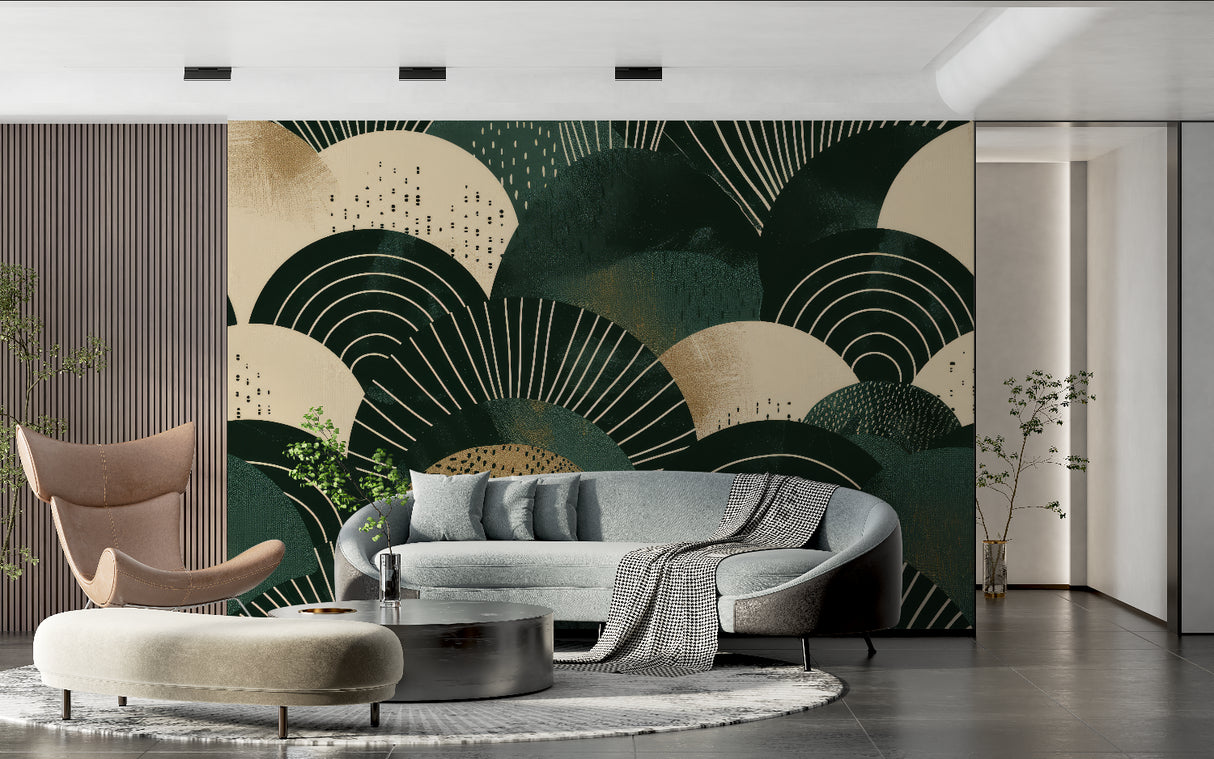 Art deco fan pattern creating statement wall in master bedroom
