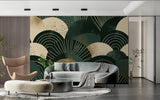Art deco fan pattern creating statement wall in master bedroom