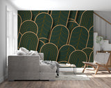 Green and gold art deco wallpaper in luxury dining room with crystal chandelier
