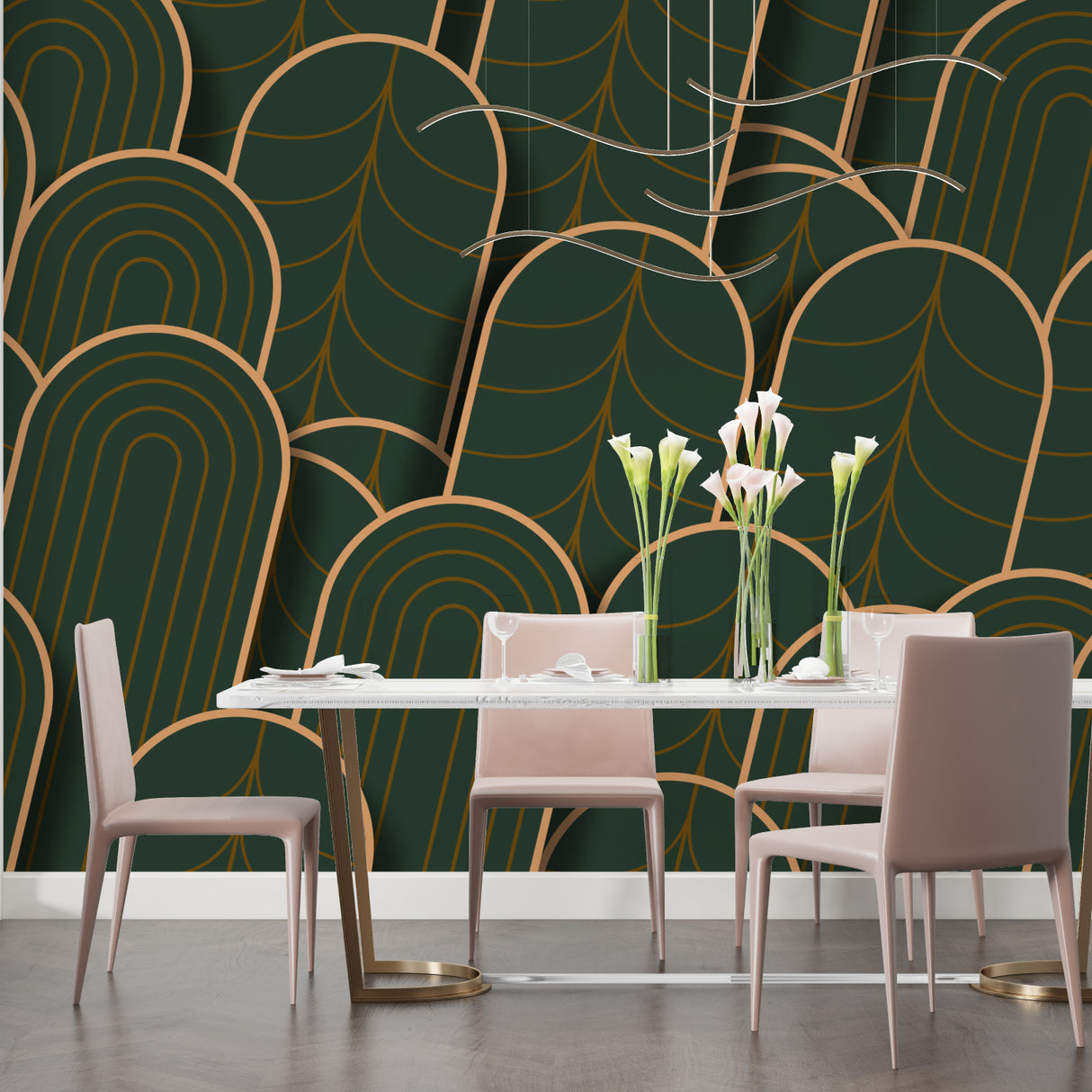 Art deco wall pattern in hotel lobby, emerald green and gold geometric design