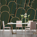 Art deco wall pattern in hotel lobby, emerald green and gold geometric design