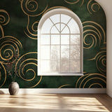 Art deco green and gold spiral wallpaper in modern dining room with crystal chandelier