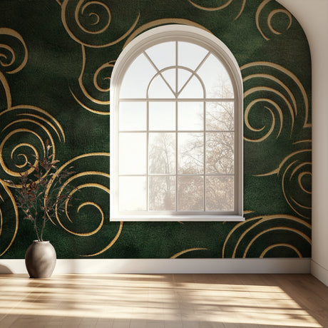 Art deco green and gold spiral wallpaper in modern dining room with crystal chandelier