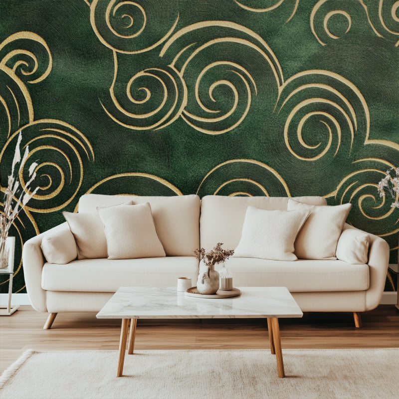 Green and gold art deco wallpaper creating luxury hotel feel in master bedroom