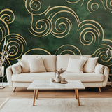 Green and gold art deco wallpaper creating luxury hotel feel in master bedroom