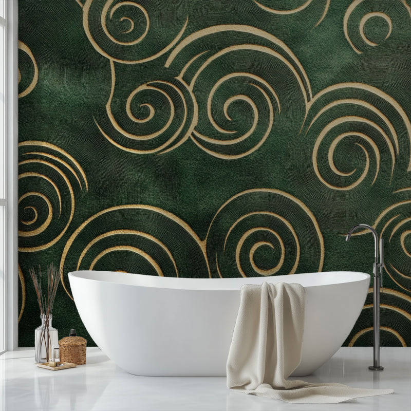 Art deco wallpaper with emerald green and gold spirals in upscale restaurant