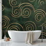 Art deco wallpaper with emerald green and gold spirals in upscale restaurant