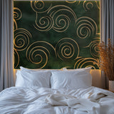 Green and gold geometric wallpaper adding drama to boutique retail space