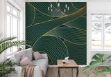 Green and gold geometric wallpaper bringing luxury to a dining room setting