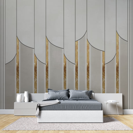 Art deco grey and gold geometric wallpaper in modern dining room with crystal chandelier