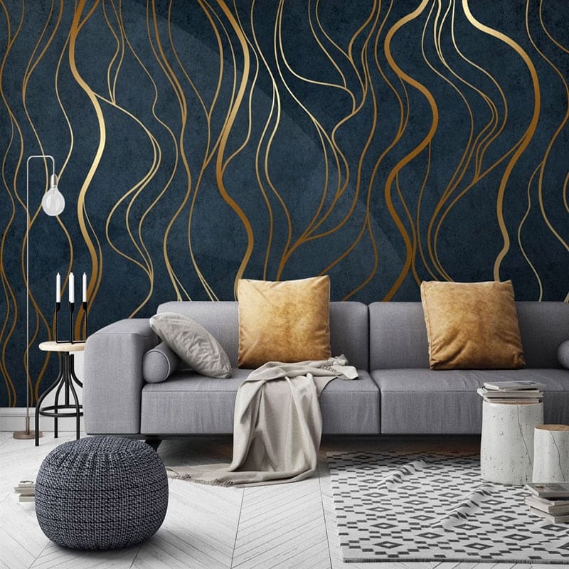 Art deco wallpaper featuring gold waves in boutique entrance with statement lighting