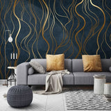Art deco wallpaper featuring gold waves in boutique entrance with statement lighting
