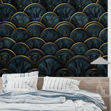 Boutique hotel entrance with dramatic art deco feather wall mural in midnight blue